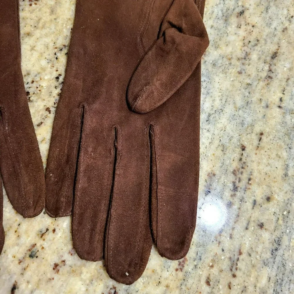 Vtg Gloves Brown Suede Mid Length Embroidered 6 3/4 HA&E Smith France Chevreau